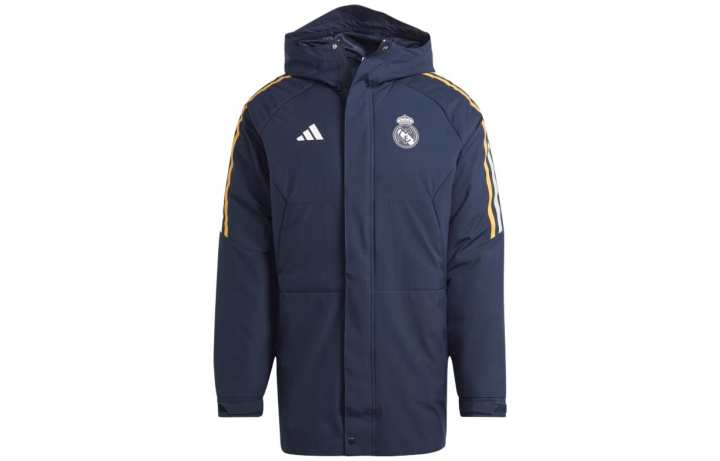 Adidas Adidas Real Madrid Puffer Jackets Men's Dark Blue Hooded Moderate Puffer Jacket