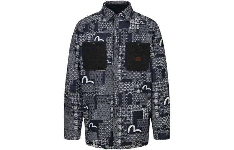 EVISU EVISU Puffer Jackets Men's Navy Blue All Over Print Lapel Moderate Other