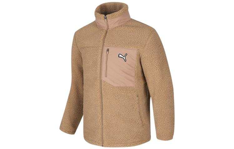 PUMA Solid Sherpa Velvet Jackets Unisex Khaki Stand Collar Thickened And Fleece Lined