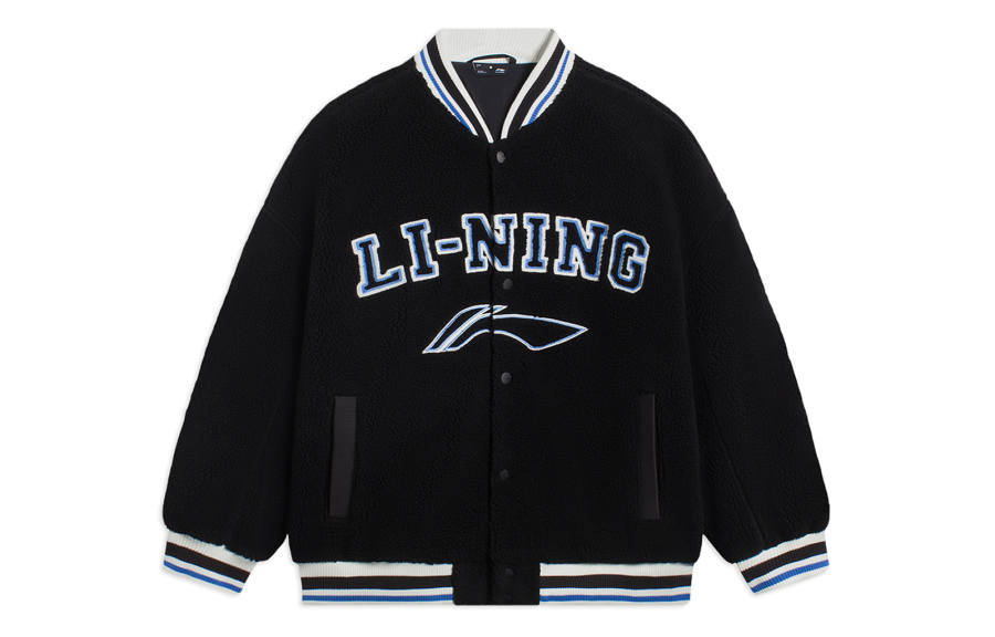 Li-Ning Li Ning Sports Life Collection Color Block Trim Stripes Letter Logo Sherpa Fleece Lined Jacket Unisex Black