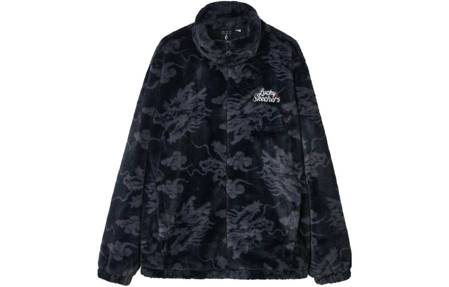 Skechers New Year S COLOR Velvet feel Coat Unisex Black Base With Dragon Pattern All Over Print