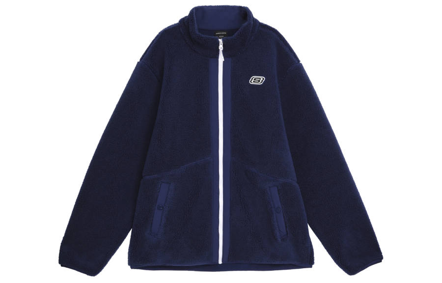 Skechers Letter Embroidery Stand Collar Knitted Fabric Thermal Fleece Lined Sports Velvet feel Coat Men's Medieval Blue