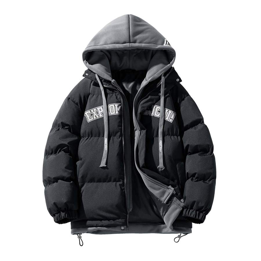 JCUI Puffer Jackets Unisex Hooded Thickened Mock Two Piece Puffer Jacket