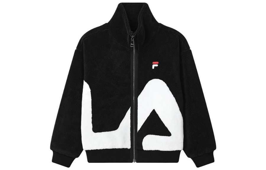 FILA ORIGINALE Logo Print Fleece Lined Zippers Faux Sherpa Jacket Unisex Black