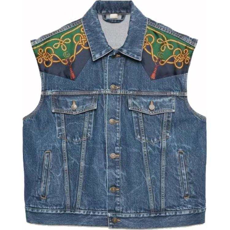 GUCCI Silk Scarf Panelled Denim Vest