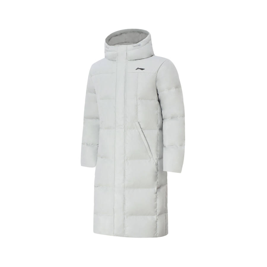 Li-Ning Li Ning 600 Fill Power Solid Color Hooded Fleece Lined Long Coat, Winter Down Jacket Men's Stone Gray