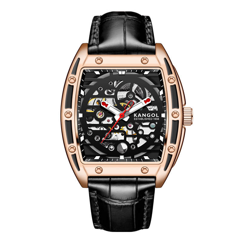 KANGOL Automatic Mechanical Movement Genuine Leather Strap Watch Men's Watches Skeleton Dial