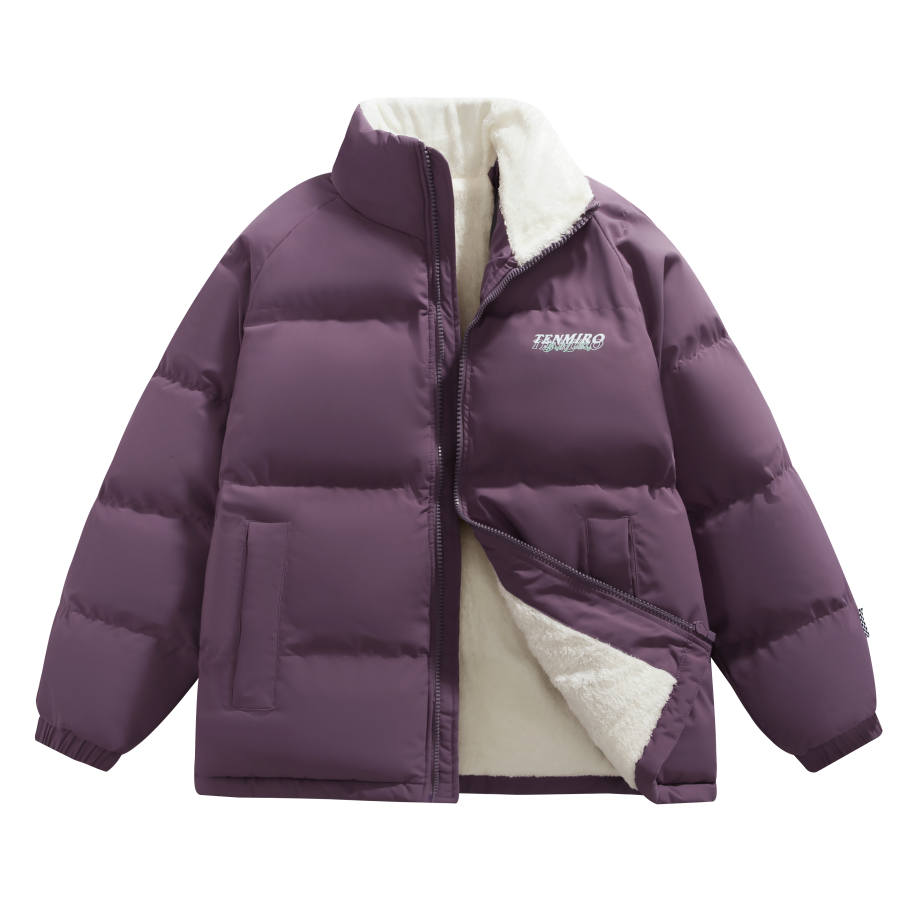 TEN MIRO Basic Letter Print Thickened And Fleece Lined Solid Color Loose Fit Stand Collar Sherpa Zippers Puffy