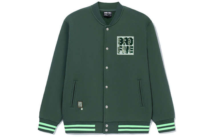 Li-Ning Li Ning BADFIVE Embroidery Logo Loose Fit Fleece Lined Knitted Fabric Baseball Jacket Men's Green