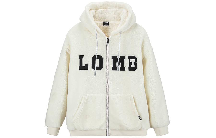 LOMBT Sherpa Logo Applique Embroidery Drop Shoulder Fleece Lined Cardigan Thermal Letter Geometric Pattern Hooded