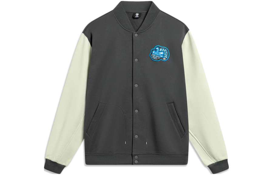 Li-Ning Li Ning Basketball Collection, Letter Print Baseball Collar Fleece Lined Jacket Men's Obsidian Gray