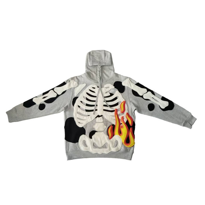 Nike Nike Black Gray White Bone Embroidery Handmade Patchwork Thermal Pullover Fleece Lined Hooded Sports Sweatshirt Unisex