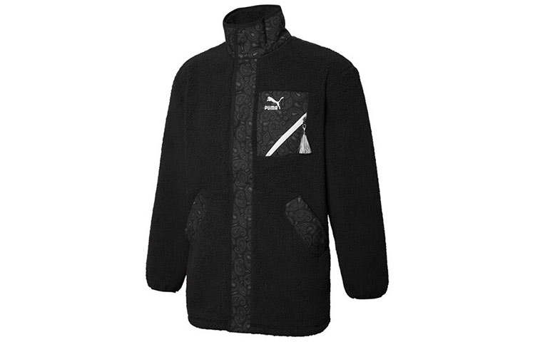 PUMA RUN EVOLVE Velvet Jackets Unisex Black Stand Collar Thickened And Fleece Lined