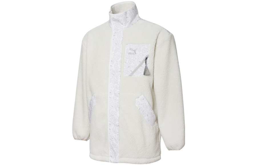 PUMA Paisley Patchwork Pocket Faux Sherpa Fleece Stand Collar Jacket Winter Velvet feel Coat Unisex Ecru