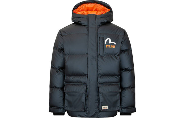EVISU EVISU Down Jackets Men's Black Hooded Moderate Quilted Down Jacket