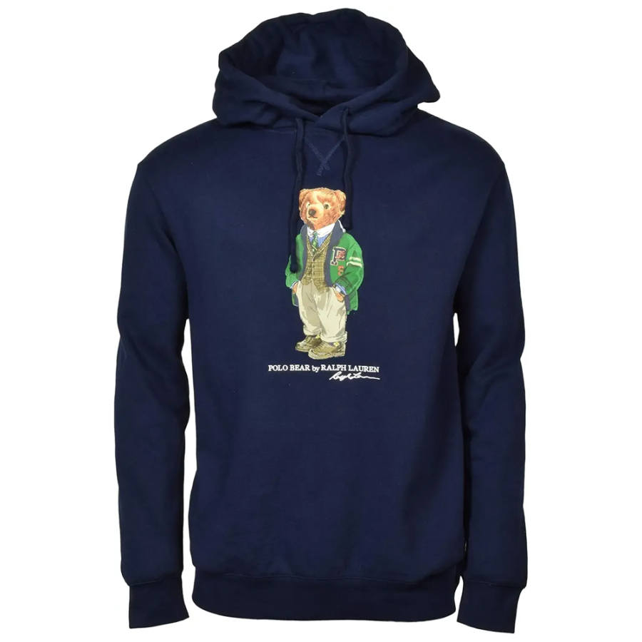 Polo Ralph Lauren SS23 Bear Pattern Fleece Lined Hooded Long Sleeved Sweatshirt Men's Marine Blue