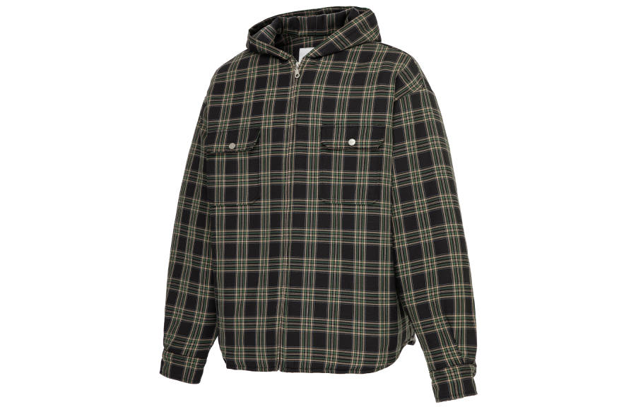 FIRE 2 COLD EGO Puffer Jackets Unisex Green Plaid Hooded Thickened Puffer Shirt Jacket