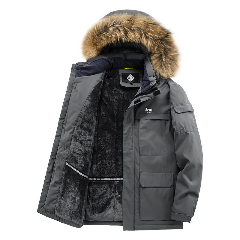 JEEP SPIRIT Letter Print Detachable Fur Collar Thickened And Fleece Lined Windproof Thermal Jacket Puffer Jacket Men's