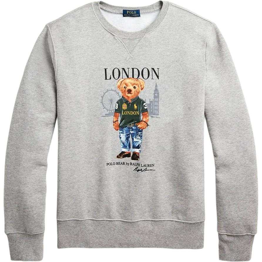 Polo Ralph Lauren FW23 Solid Color Bear City Pattern Crew Neck Fleece Lined Long Sleeved Pullover Sweatshirt Men's Gray