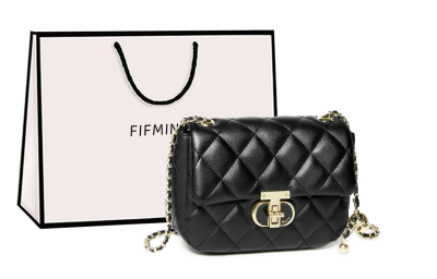 15 MINS Cow Leather Shoulder Bag, Crossbody Bag Small Women's Midnight Black/Ecru