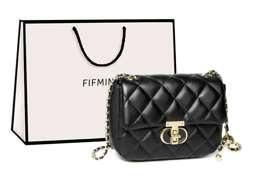 15 MINS Cow Leather Shoulder Bag, Crossbody Bag Small Women's Midnight Black/Ecru
