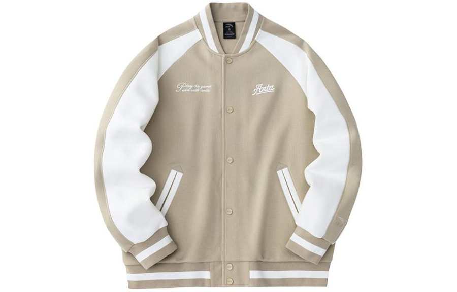 Anta Life Collection Color Block Fleece Lined Embroidery Knitted Fabric Baseball Jacket Coat Men's Beige Khaki