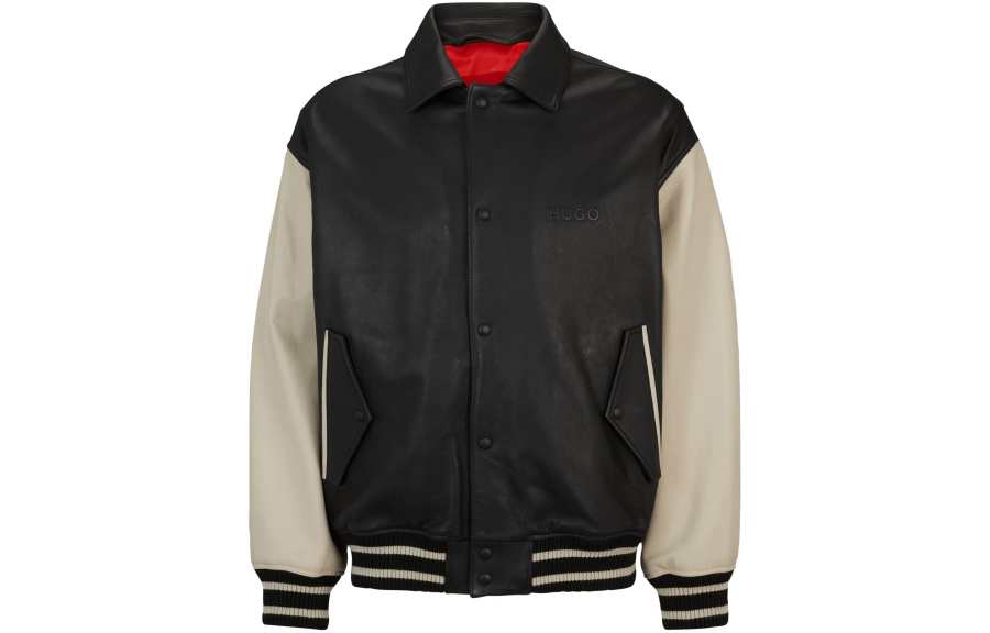 HUGO BOSS FW23 Leather Varsity Jacket With Oversized Embossed Logo Jackets & Coats Men's Black
