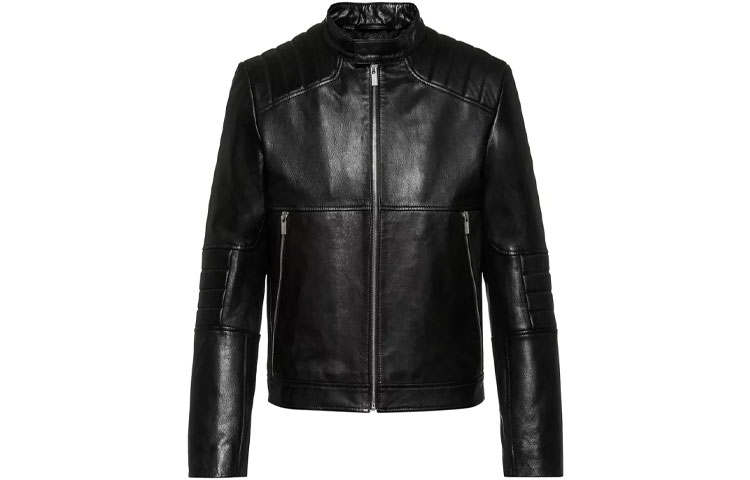 HUGO BOSS Leather Jackets Men's Black Stand Collar Moderate