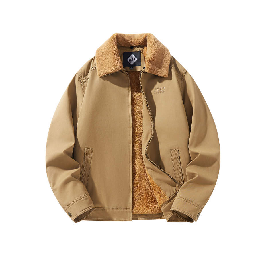 JEEP SPIRIT Thickened And Fleece Lined Solid Color Lapel Short Sherpa Thermal Washed Workwear Puffer Jacket Unisex