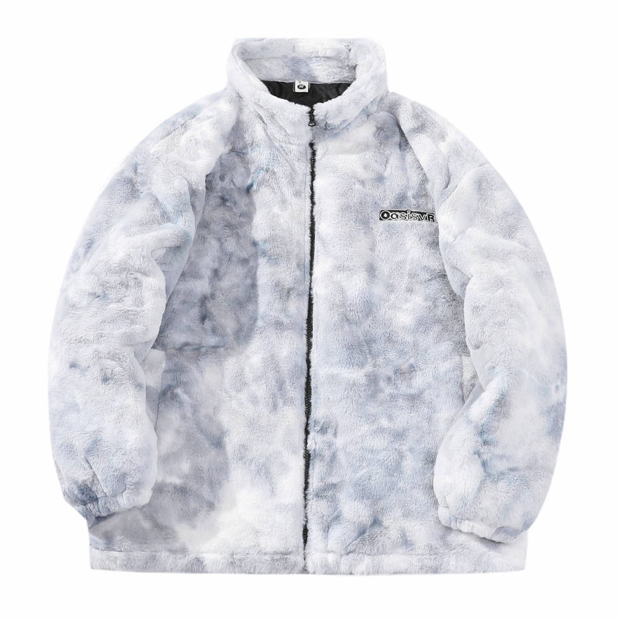 OASISVR Tie Dye Premium Aesthetic Sherpa Stand Collar Thickened And Fleece Lined Embroidery Puffy Puffer Jacket Men's