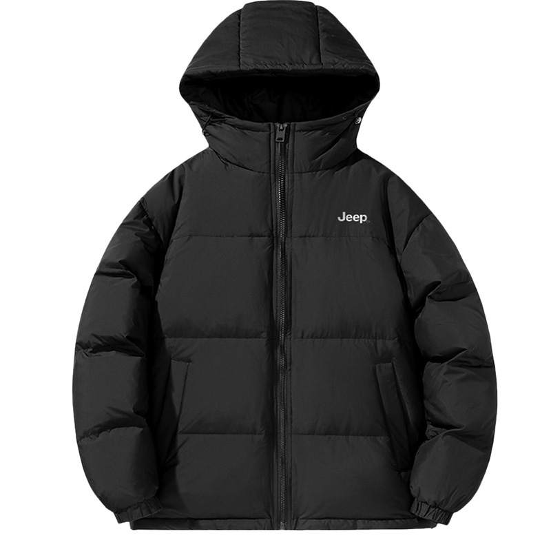 Jeep Thickened And Fleece Lined Thermal Letter Loose Fit Solid Color Hooded Down Jacket Unisex