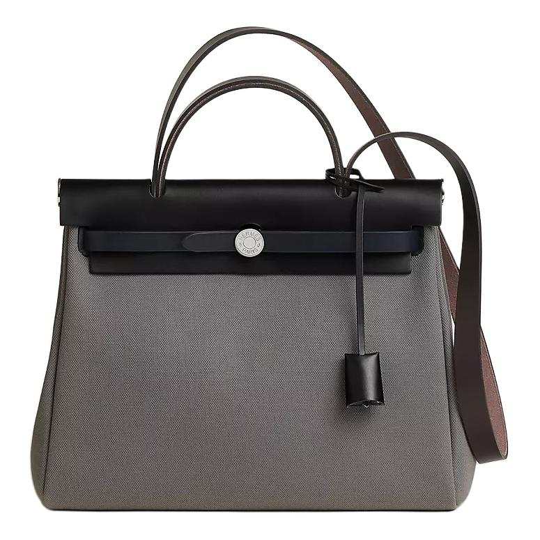 HERMES Herbag Zip Hunter Leather With Canvas One Shoulder Handbag Women's Gray & Black