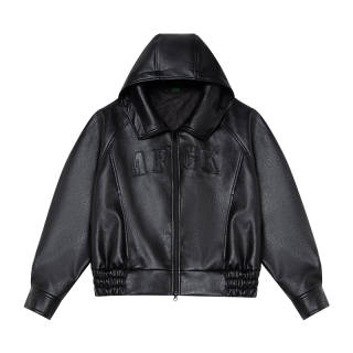 AFGK Leather Jackets Unisex Black Hooded Thickened