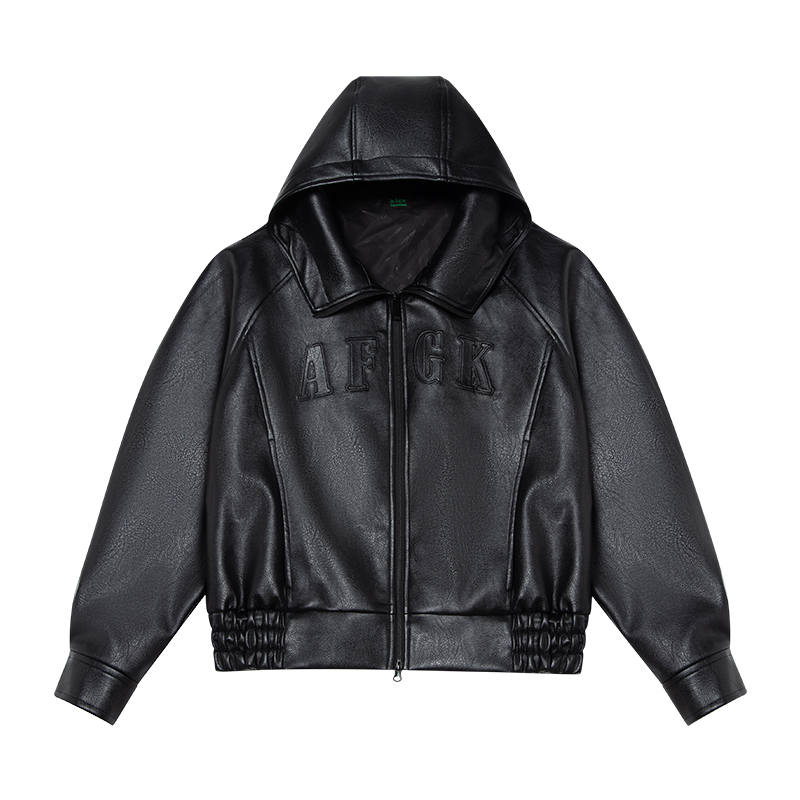 AFGK AFGK Leather Jackets Unisex Black Hooded Thickened
