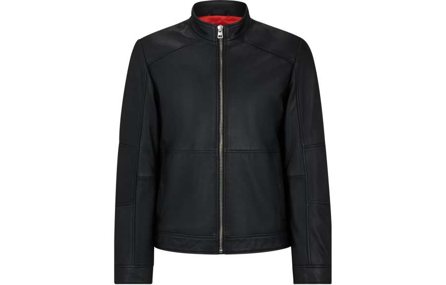HUGO BOSS Extra Slim Fit Leather Jacket With Red Lining Leather Jacket Men's Black