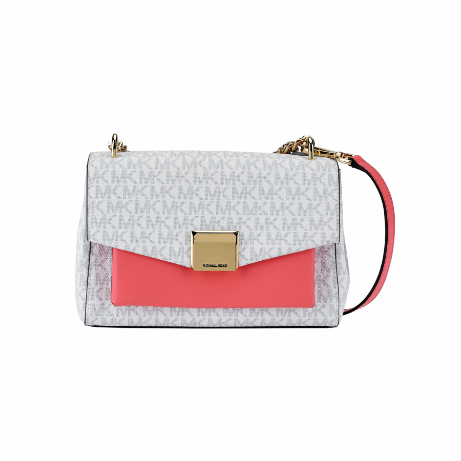 MICHAEL KORS Lita Canvas Shoulder Bag, Crossbody Bag, Handbag Medium Women's White & Rose Red