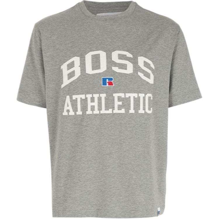 HUGO BOSS X Russell Athletic T Shirts Men's Gray Crew Neck Straight Fit