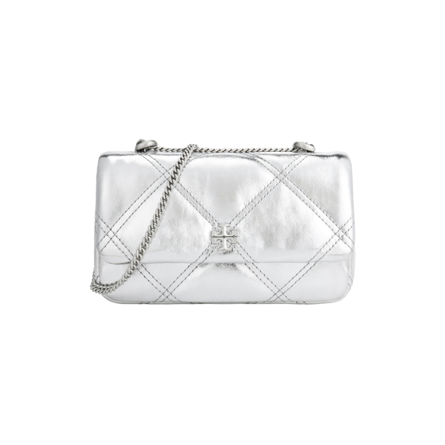 TORY BURCH Kira Metal Leather Handbag, Shoulder Bag Women's Light Silver