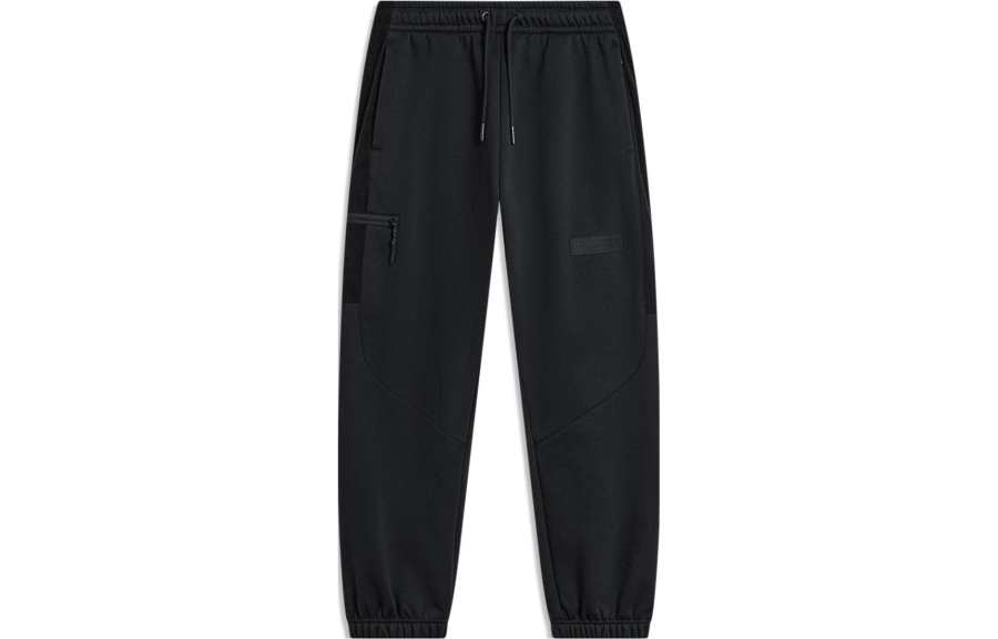 Li-Ning Li Ning Wade Collection, Solid Color Mid Rise Elastic Cuff Casual Versatile Fleece Lined Knitted Sweatpants Men's Black
