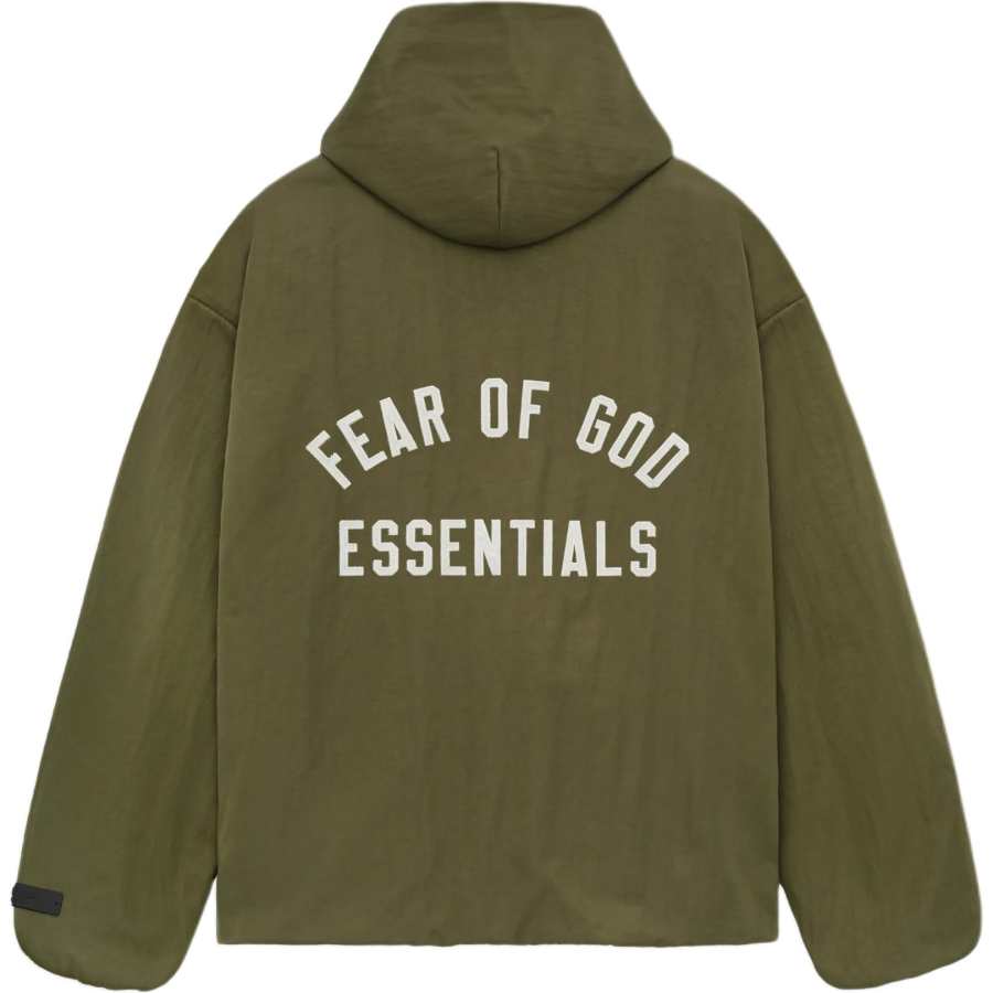 Fear Of God Essentials Fall24 BACK To SCHOOL Textured Nylon Hooded Coaches Jacket Men's Evergreen Green/MILITARY