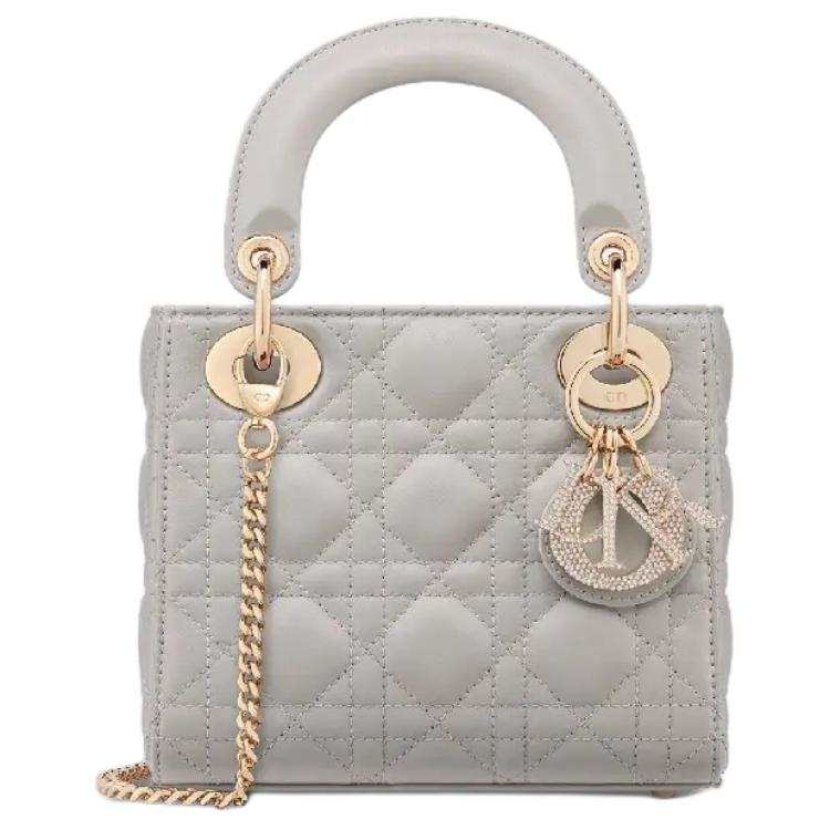 DIOR Lady Dior Sheepskin Handbag Mini Women's Gray