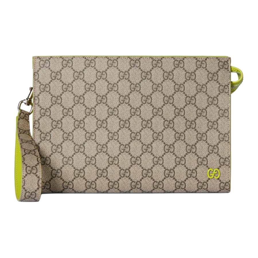 GUCCI GG Supreme Canvas Clutch Women's Beige & Yellow & Green
