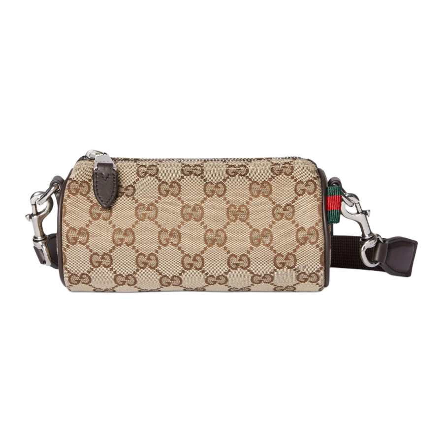 GUCCI Adjustable Strap Canvas With Leather Trim Boston Bag, Shoulder Bag Mini Men's Beige & Brown