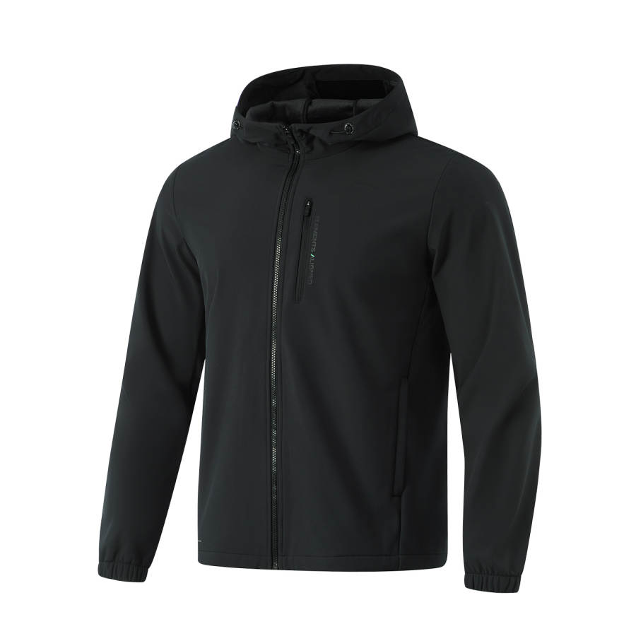 Li-Ning Li Ning Fitness, Water Repellent Solid Color Hooded Fleece Lined Long Sleeved Trench Coat Men's Black