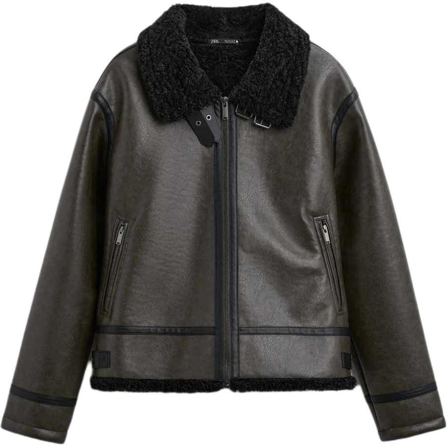 ZARA Loose Fit Double Sided Faux Leather Fleece Lined Lapel Long Sleeved Leather Jacket Men's Green