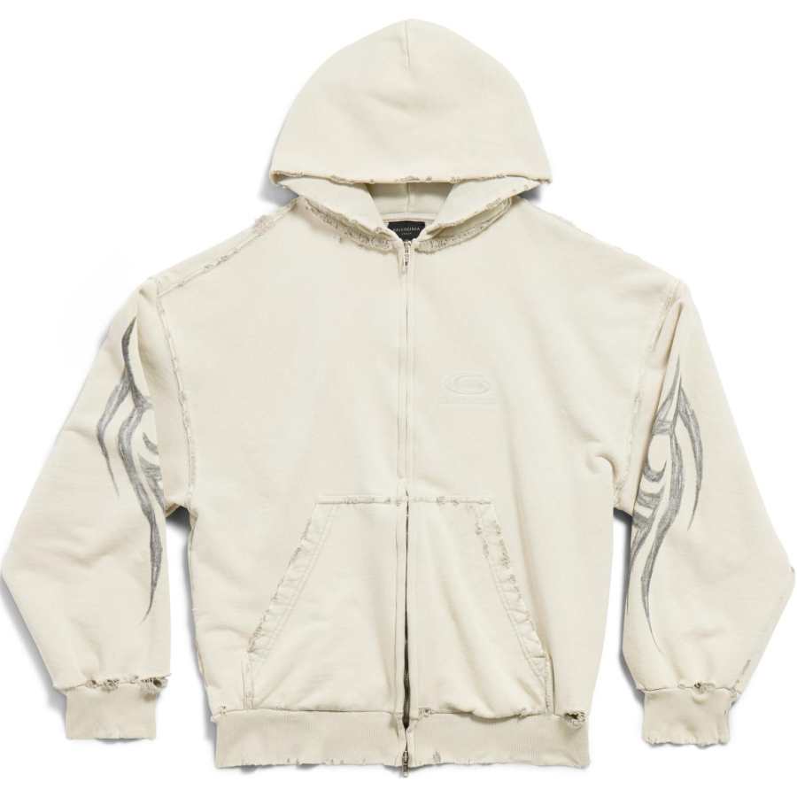 Balenciaga Distressed Logo Embroidered Zip Hoodie