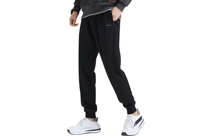 Li-Ning Li Ning Solid Color Casual Fleece Lined Elastic Cuff Knitted Sweatpants Men's Black