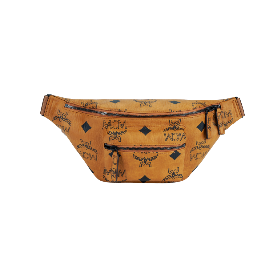 MCM Fursten Visetos Leather Crossbody Fanny Pack Medium Unisex Brown Cognac