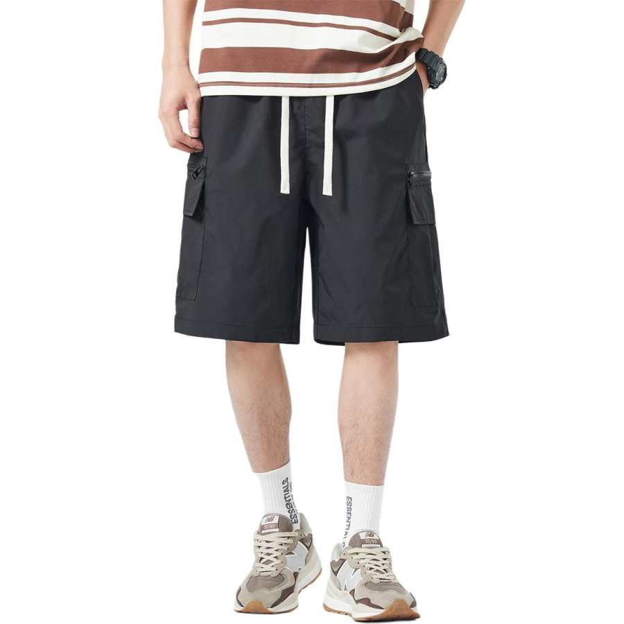 BALENO Thin Outerwear Cargo Pants Wide Leg Knee-Length Loose Fit Mid-Calf Lace-Up Summer Men's Black