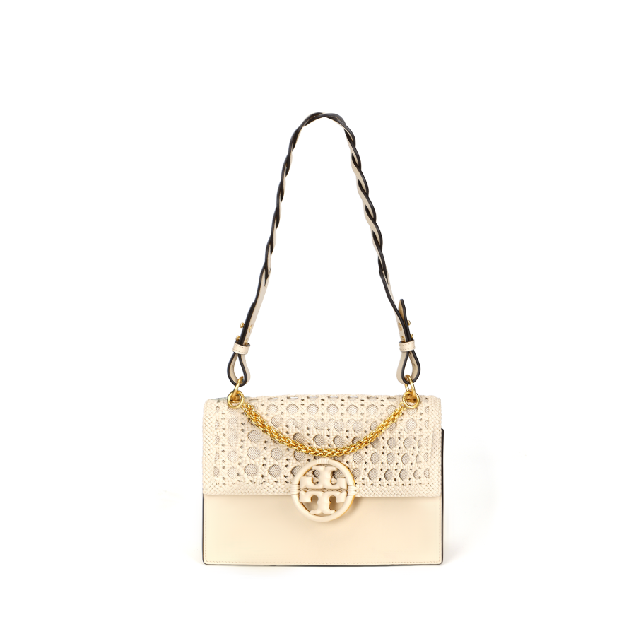 TORY BURCH Miller Leather Paneled Canvas Handbag, Shoulder Bag, Crossbody Bag Small Women's Cheese White